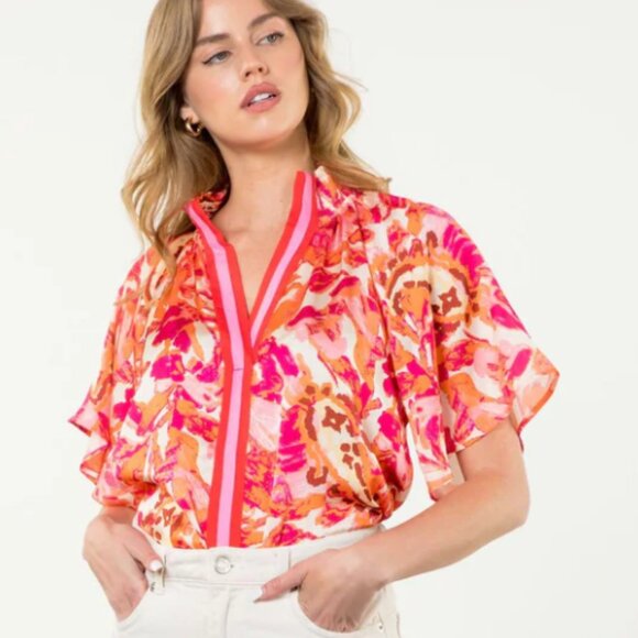 THML Floral Print Short Sleeve Blouse – Multicolor — Size M - Picture 1 of 10